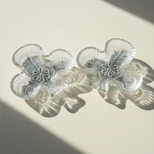 Vintage Glass Clover Trinket Dish Set Floral Vanity Catchall Decor Jewelry Dish